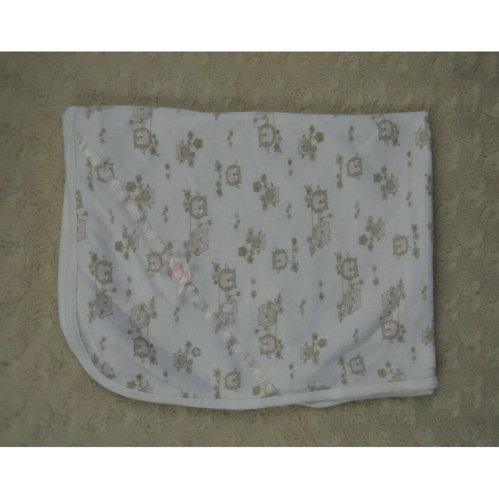 Little Me Owls Baby Blanket Security Lovey Thin White Tan Pink Bow Flower Floral